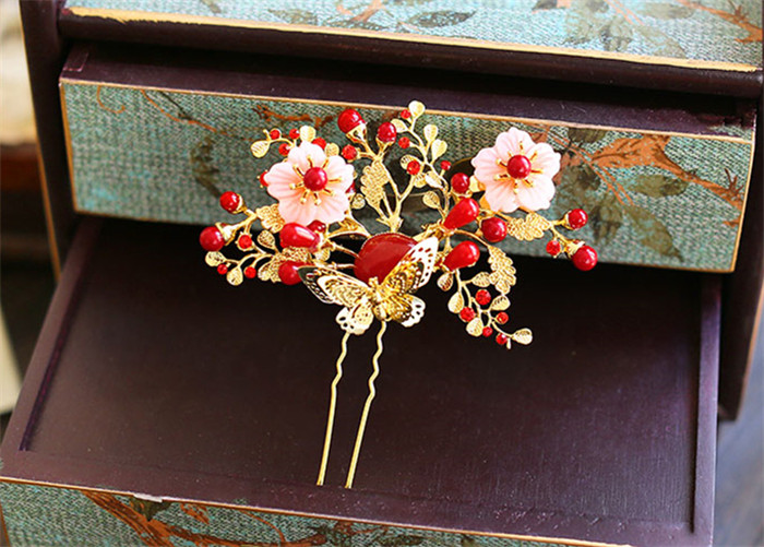 金底紅古風(fēng)頭飾，復(fù)古貝殼花流蘇發(fā)簪