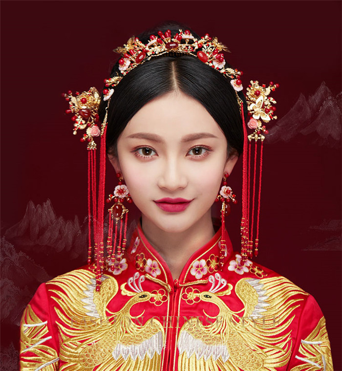 金底紅古風頭飾，復古貝殼花流蘇發(fā)簪