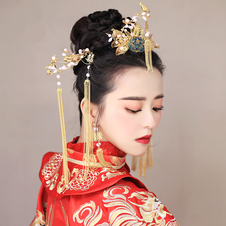 純手工精致金色流蘇發(fā)簪，新娘古風(fēng)頭飾