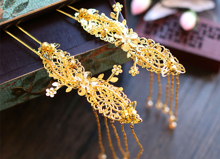 金色四件套古裝頭飾，古典韻味發(fā)飾