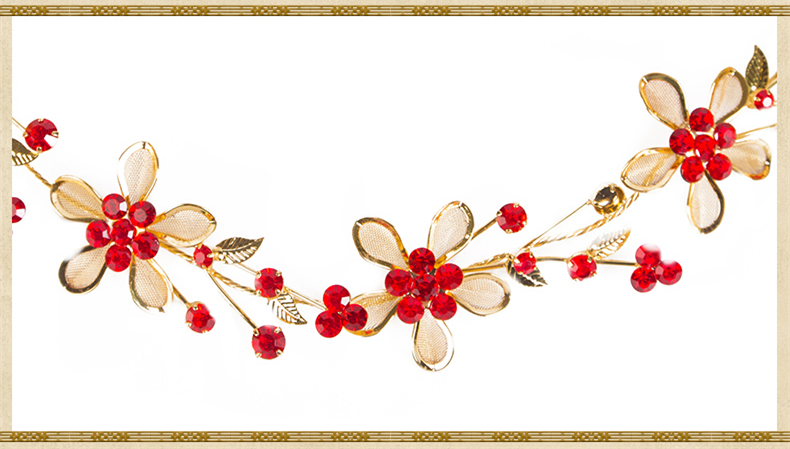 小巧中式敬酒禮服頭飾，金與紅水晶的搭配