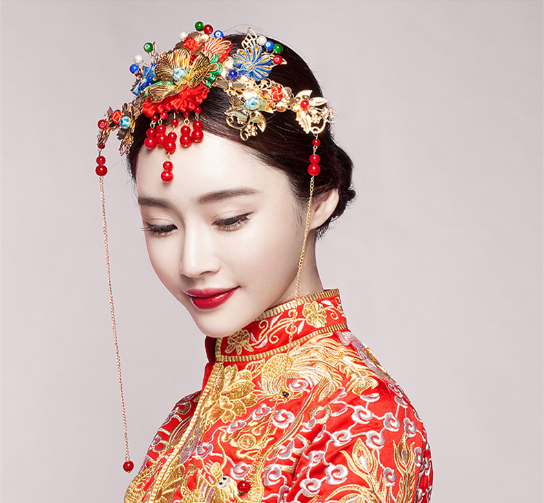 五彩金片花朵紅珠頭飾，新娘精美發(fā)飾