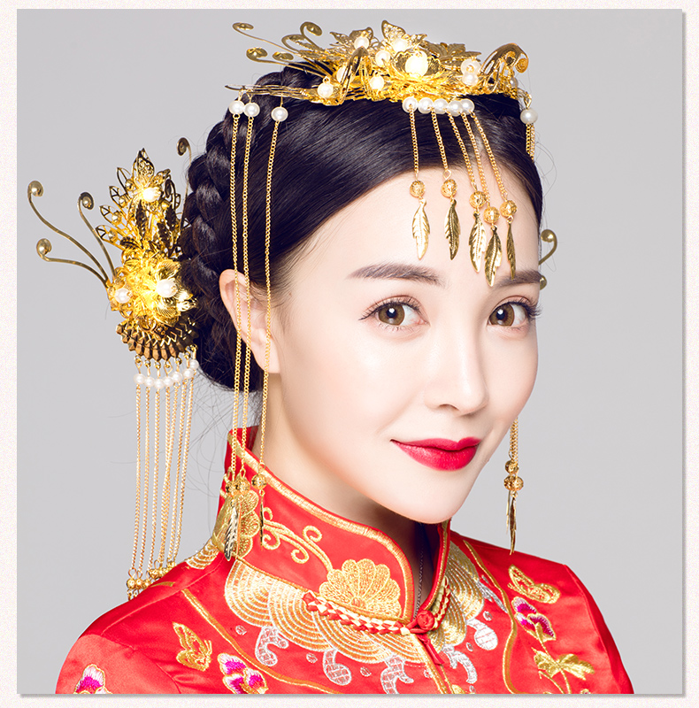 步搖古典造型新娘頭飾，金色花枝高貴發(fā)飾