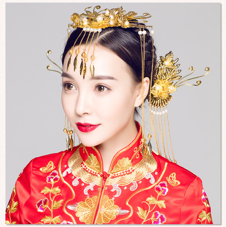 步搖古典造型新娘頭飾，金色花枝高貴發(fā)飾