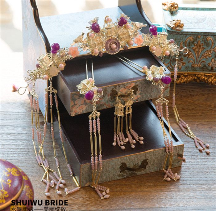 紫色串珠流蘇鳳冠結(jié)婚頭飾，中式古裝發(fā)飾