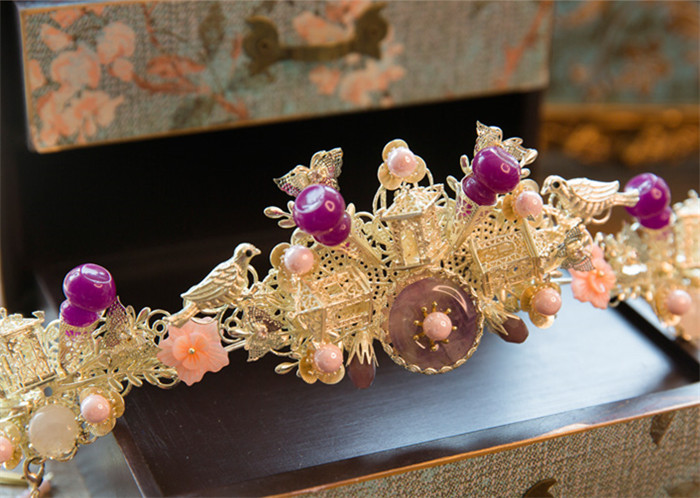 紫色串珠流蘇鳳冠結(jié)婚頭飾，中式古裝發(fā)飾