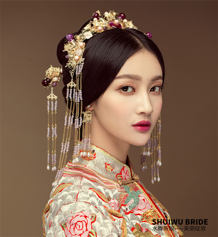 紫色串珠流蘇鳳冠結(jié)婚頭飾，中式古裝發(fā)飾