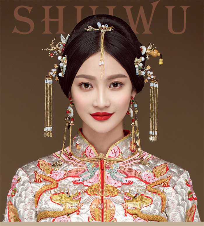 古玉串珠中式流蘇頭飾，新娘古裝發(fā)飾套裝