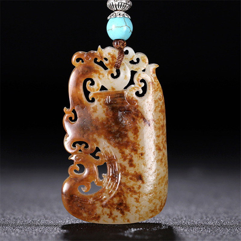 龍鳳圖騰雕刻和田玉，羊脂玉籽料掛件
