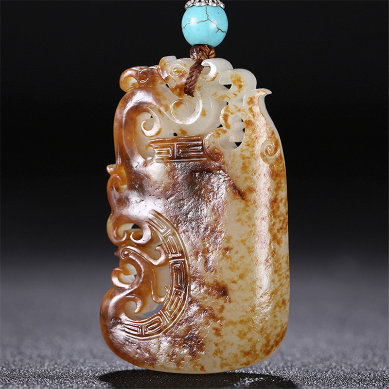 龍鳳圖騰雕刻和田玉，羊脂玉籽料掛件