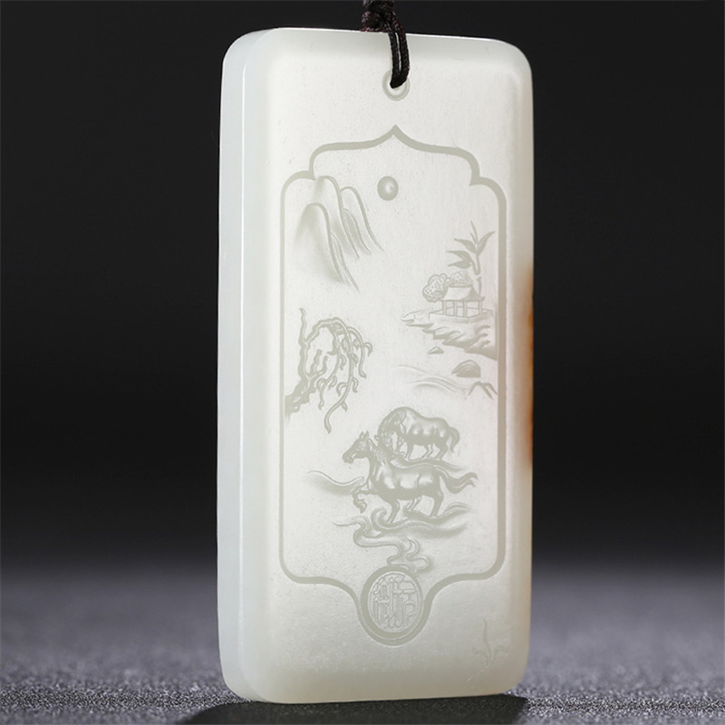 和田玉山水悠然自在掛件，白玉項(xiàng)鏈玉石。