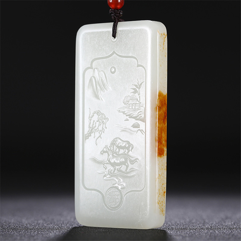 和田玉山水悠然自在掛件，白玉項(xiàng)鏈玉石。