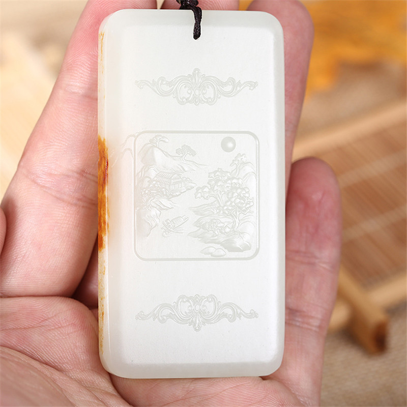 和田玉山水悠然自在掛件，白玉項(xiàng)鏈玉石。