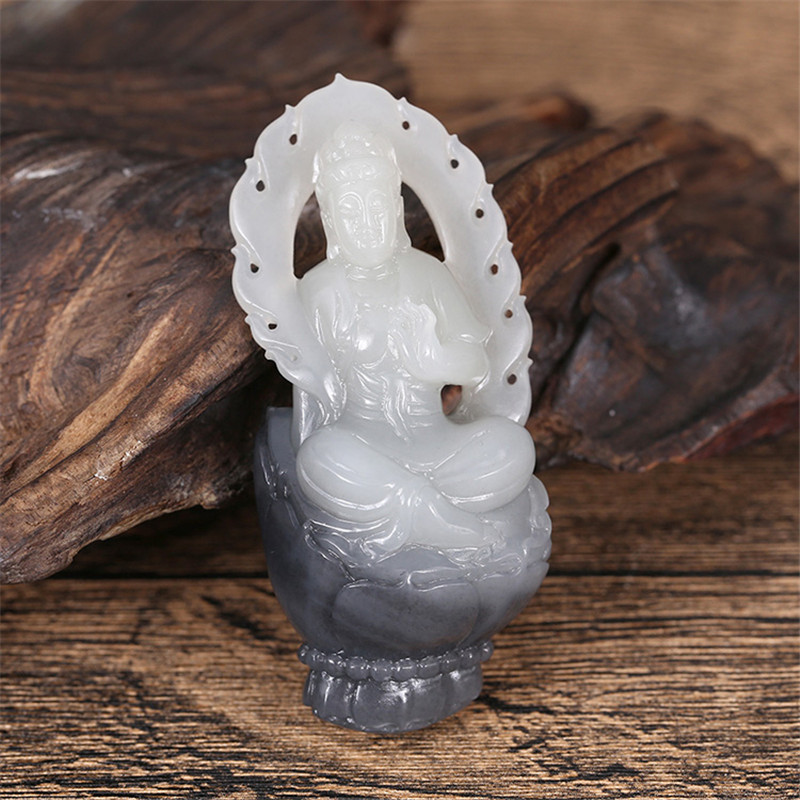 護佑之主和田玉觀音掛件，天然青花籽料掛墜。