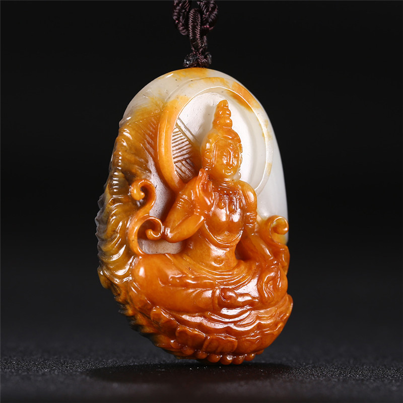 文殊菩薩三色料和田玉掛件，雙面雕刻吊墜