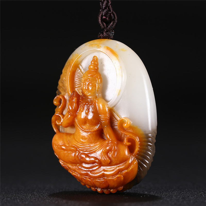 文殊菩薩三色料和田玉掛件，雙面雕刻吊墜