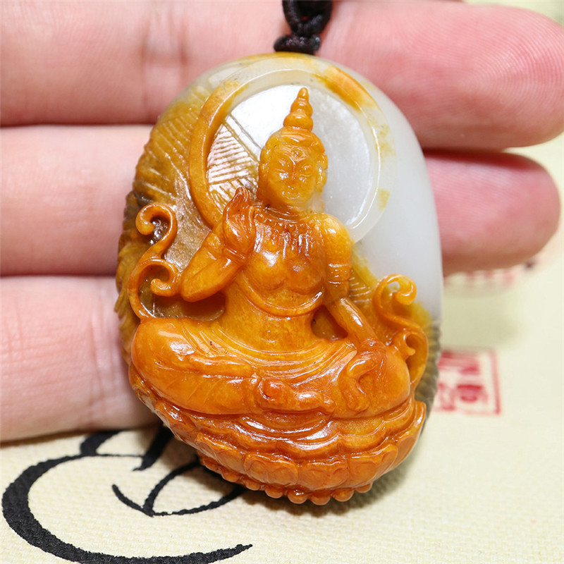 文殊菩薩三色料和田玉掛件，雙面雕刻吊墜