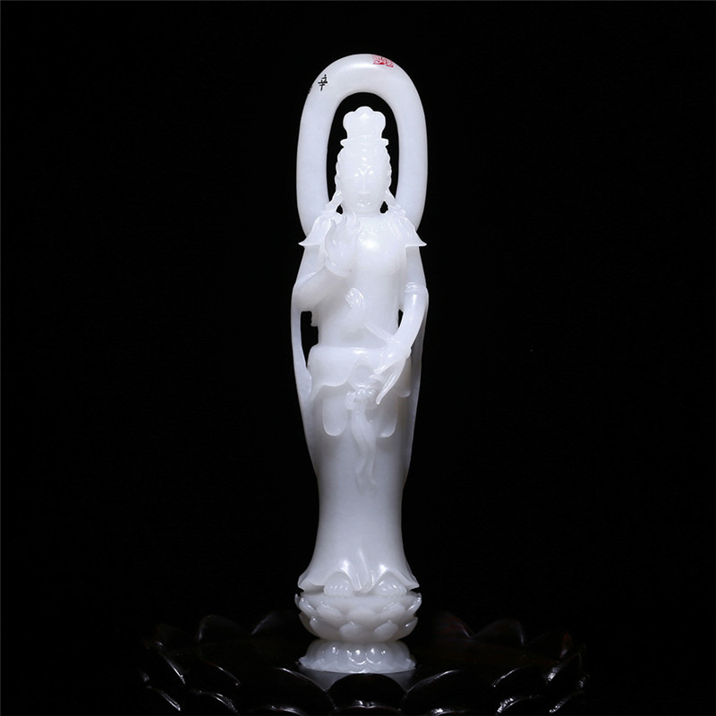 羊脂白玉觀音擺件，順心如意護(hù)佑平安