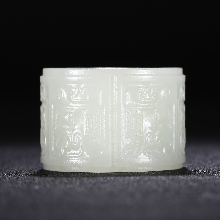 男士如意和田玉扳指，天然白玉手玩件獸面紋蘇