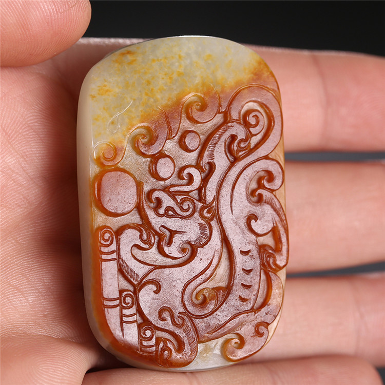 仿古龍御天下白玉皮帶扣，和田玉籽料真皮手把