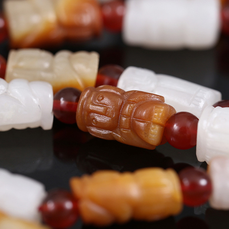 32顆和田玉珠佛像項鏈，真皮玉鏈天然白玉手鏈