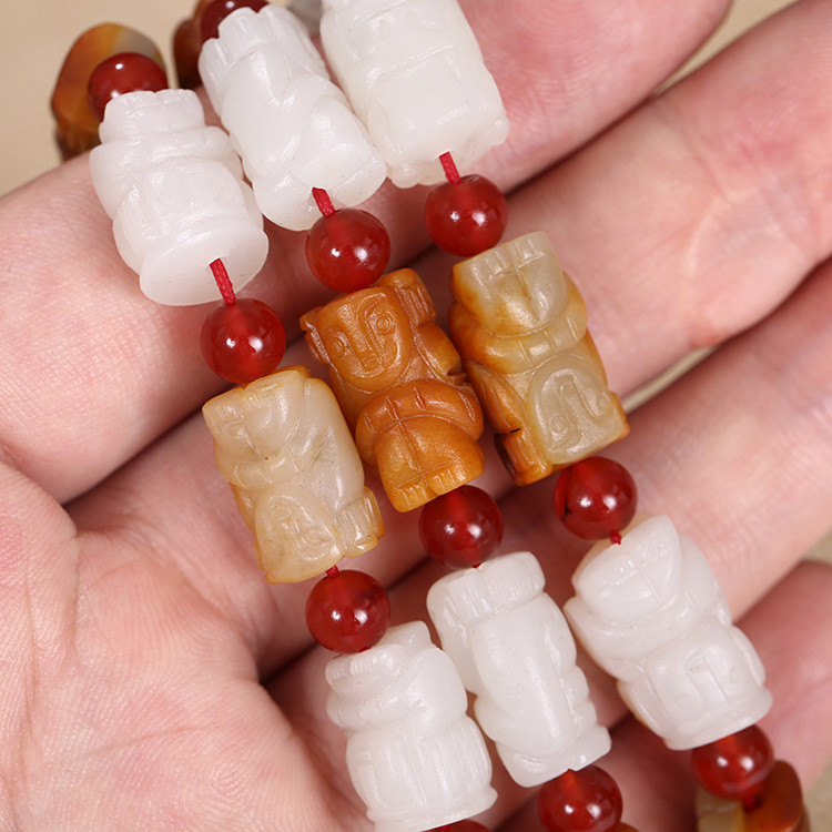 32顆和田玉珠佛像項鏈，真皮玉鏈天然白玉手鏈