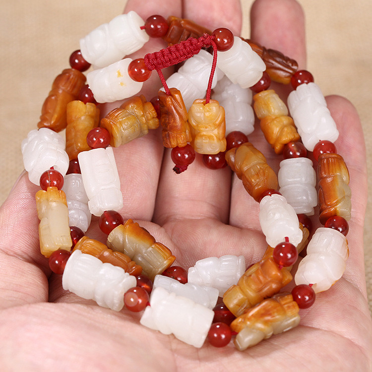 32顆和田玉珠佛像項鏈，真皮玉鏈天然白玉手鏈