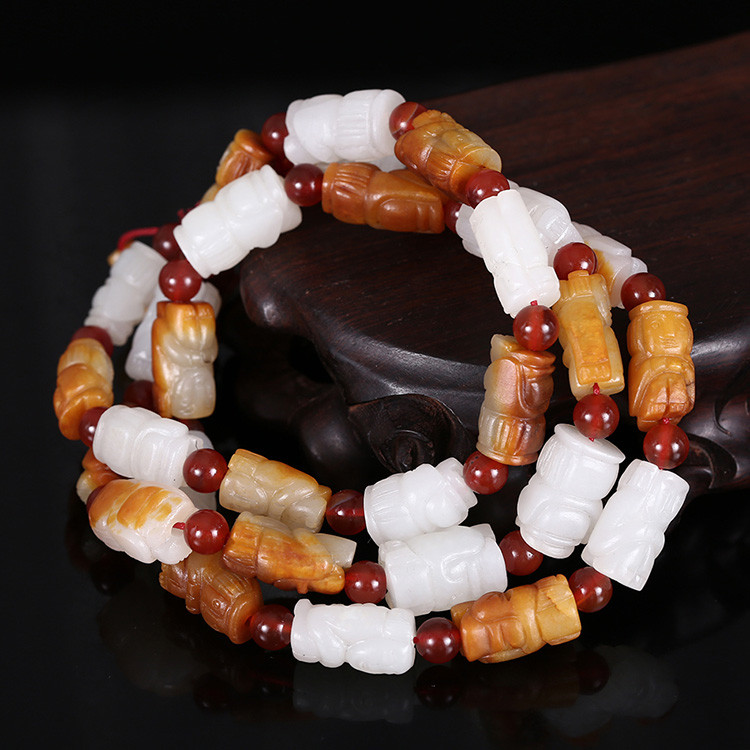 32顆和田玉珠佛像項(xiàng)鏈，真皮玉鏈天然白玉手鏈