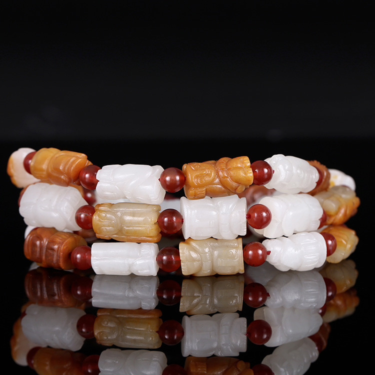 32顆和田玉珠佛像項(xiàng)鏈，真皮玉鏈天然白玉手鏈