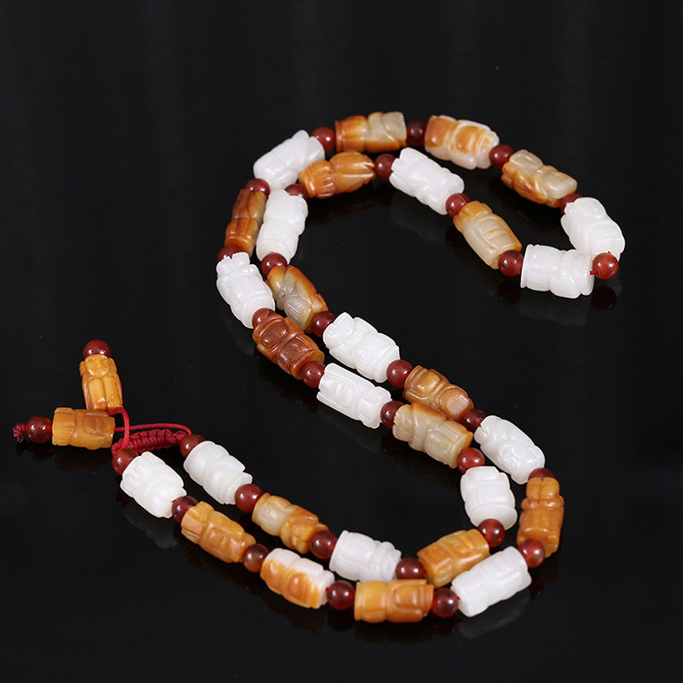 32顆和田玉珠佛像項(xiàng)鏈，真皮玉鏈天然白玉手鏈