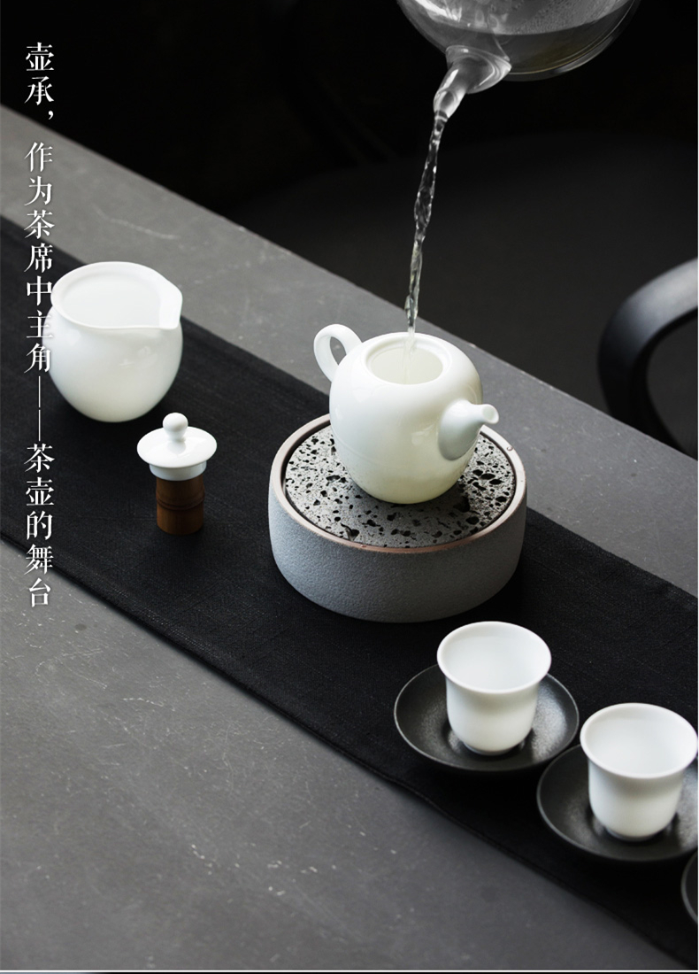 火山石小壺承天然巖石圓形茶托盤(pán)，陶瓷茶承儲(chǔ)