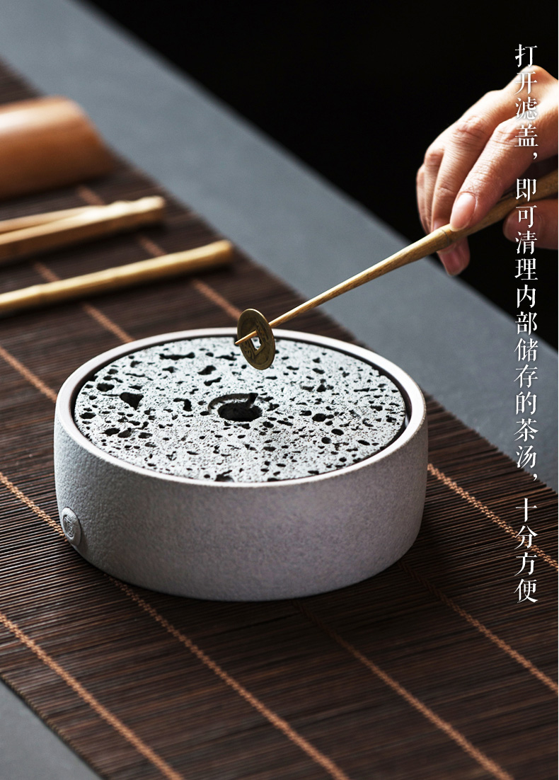 火山石小壺承天然巖石圓形茶托盤(pán)，陶瓷茶承儲(chǔ)