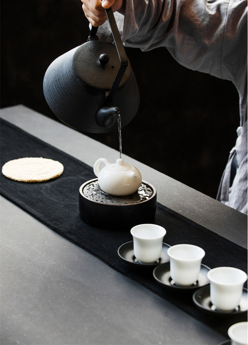 火山石小壺承天然巖石圓形茶托盤，陶瓷茶承儲