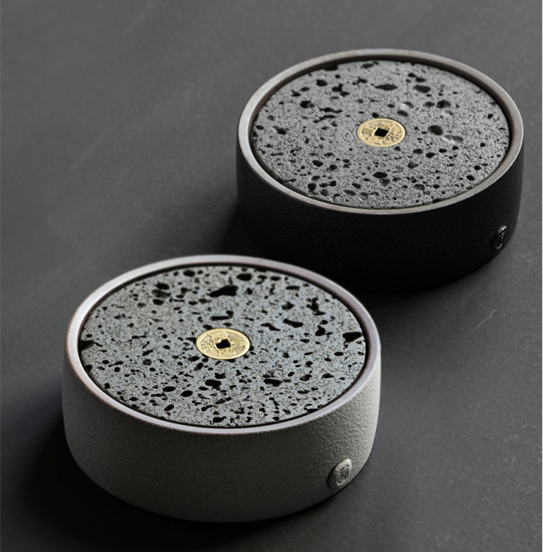 火山石小壺承天然巖石圓形茶托盤，陶瓷茶承儲