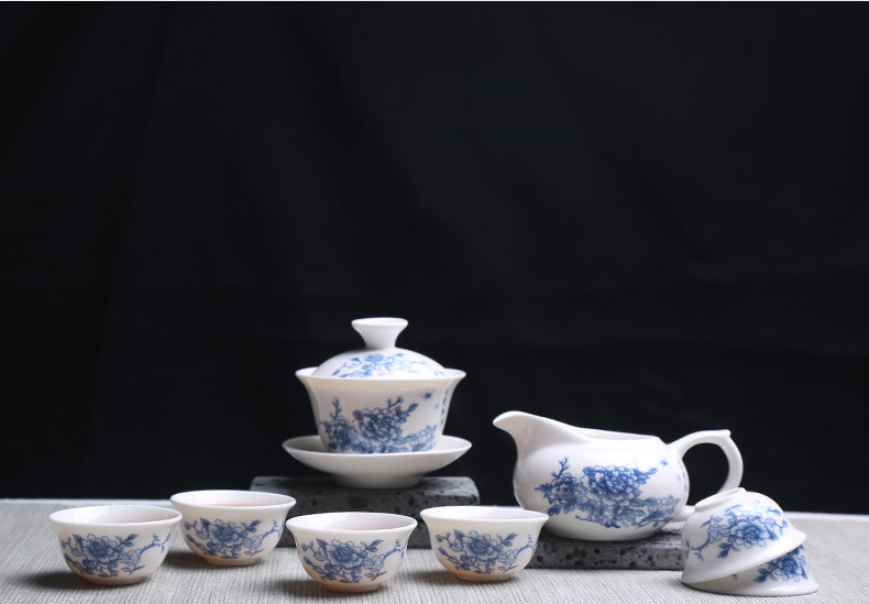 青花瓷茶具套裝禮盒，家用白瓷功夫茶具