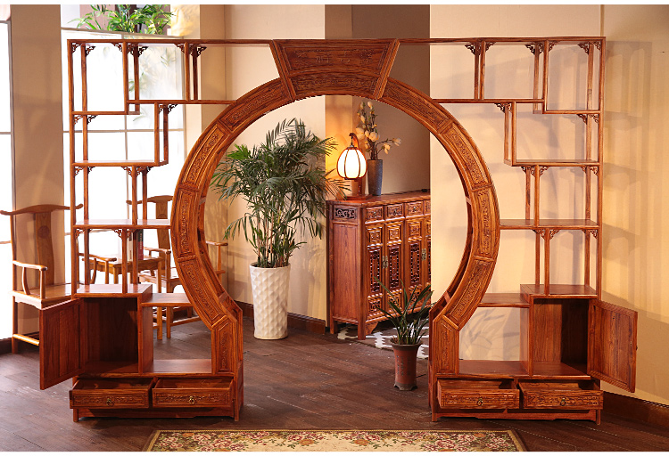 中式實(shí)木雙圈月洞門博古架，雙面雕花隔斷南榆