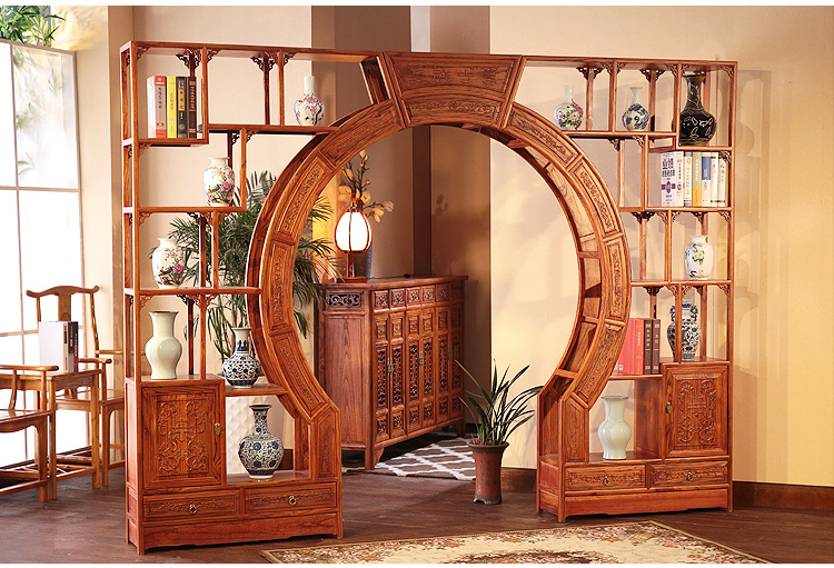 中式實(shí)木雙圈月洞門博古架，雙面雕花隔斷南榆