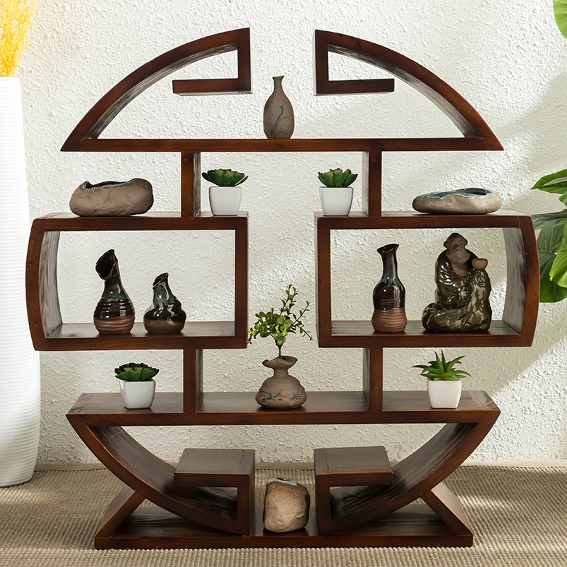 實木小多寶閣擺件博古架，圓形落地展示置物架