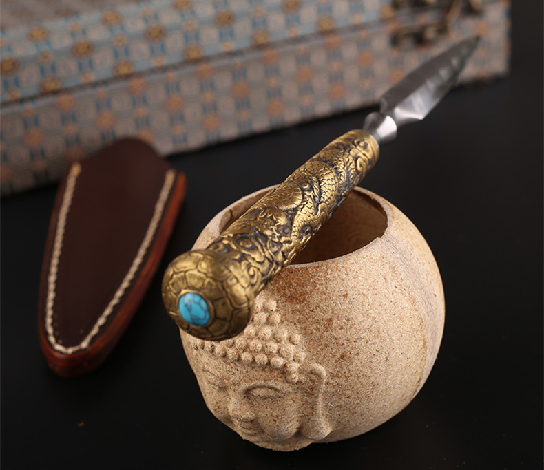 花紋鋼茶針茶錐手工普洱開茶刀，冷兵器茶具配