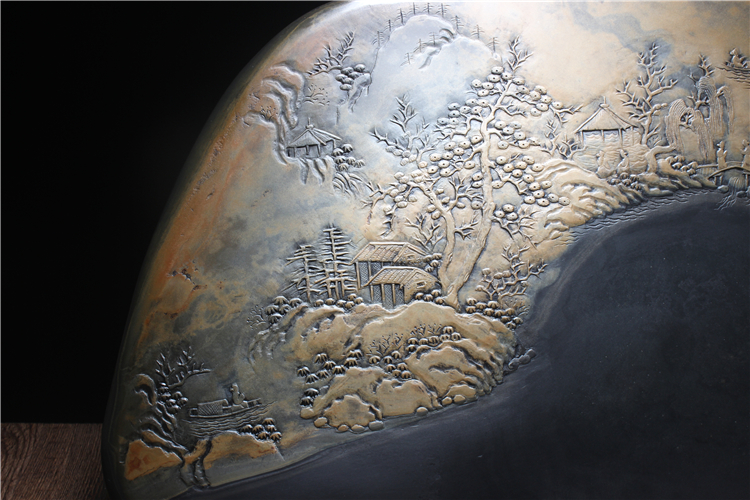 松山雅居歙硯手工精品，老坑金暈原石籽料