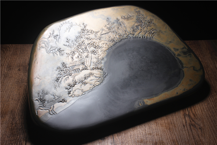 松山雅居歙硯手工精品，老坑金暈原石籽料