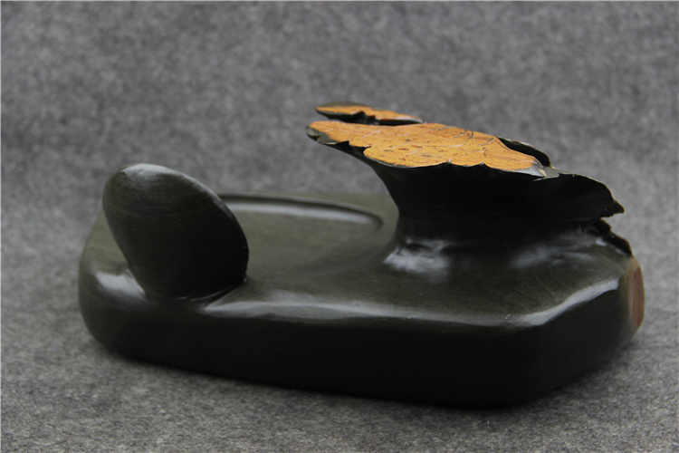 金暈魚子荷葉雕花歙硯，老坑硯臺龍尾硯