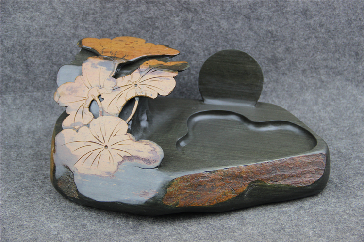 金暈魚子荷葉雕花歙硯，老坑硯臺龍尾硯