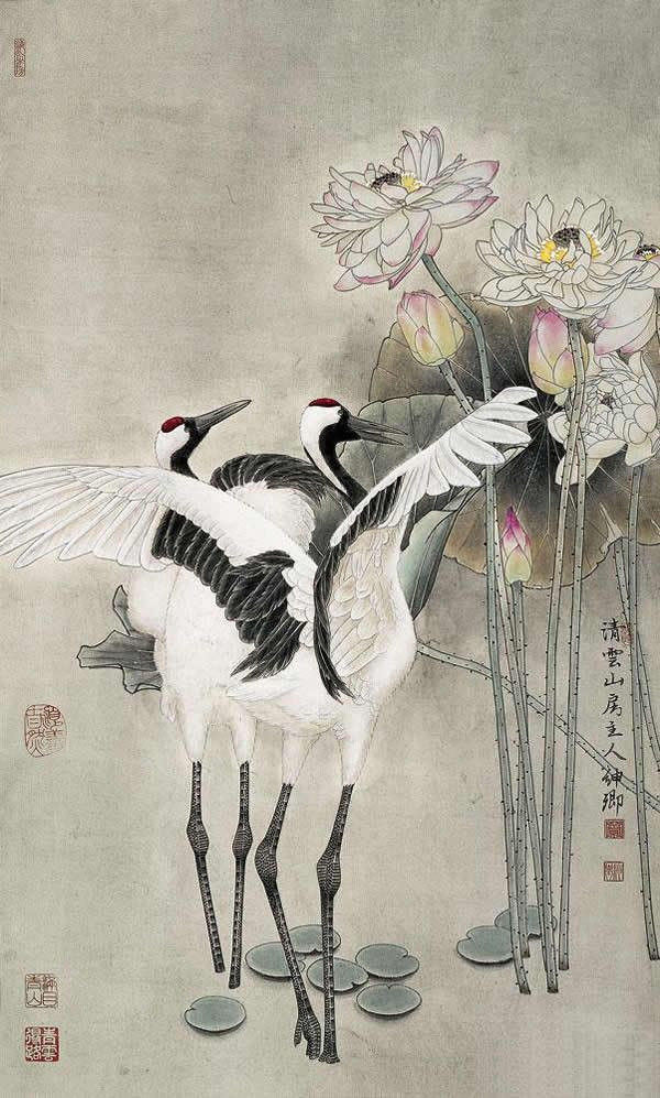 竇申清仙鶴工筆畫國(guó)畫作品欣賞