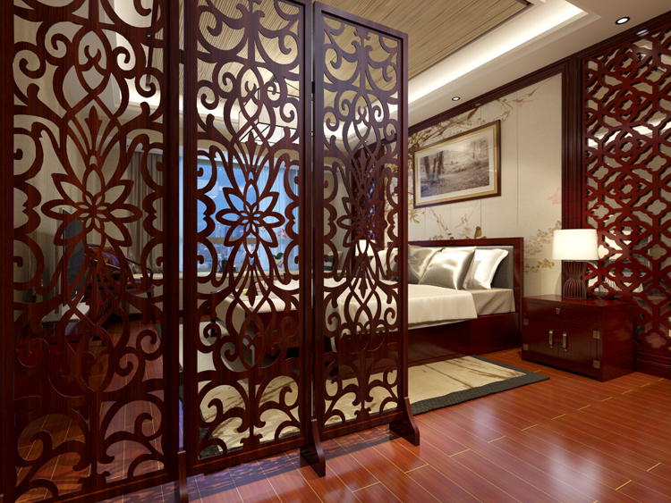 中式仿古典雕花鏤空折屏