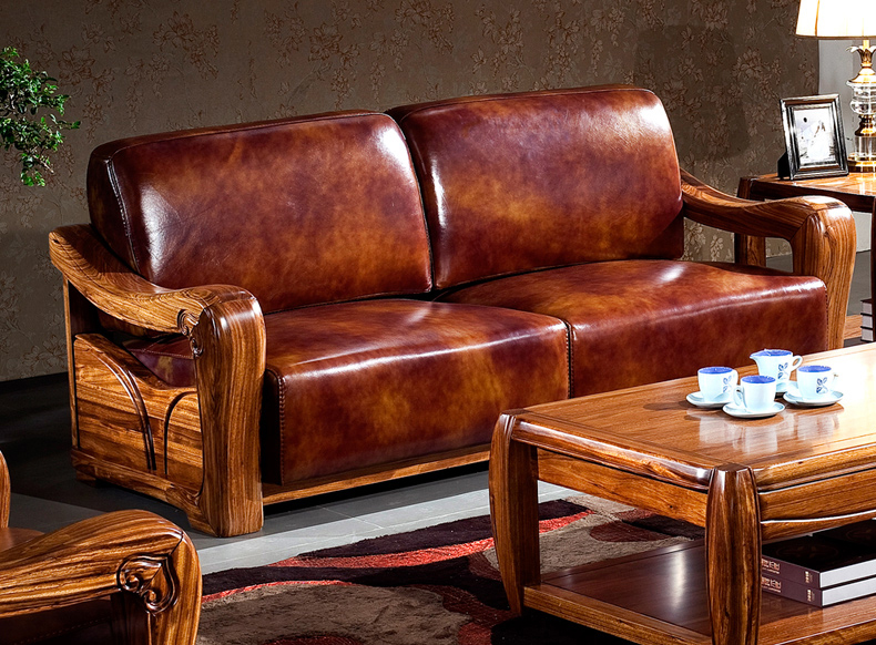 中式全實木烏金木真皮沙發(fā)客廳組合