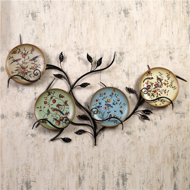 中式小鳥(niǎo)彩繪陶瓷壁掛盤掛飾鐵藝壁飾