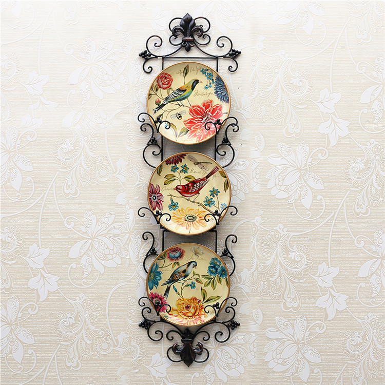 中式小鳥(niǎo)彩繪陶瓷壁掛盤掛飾鐵藝壁飾
