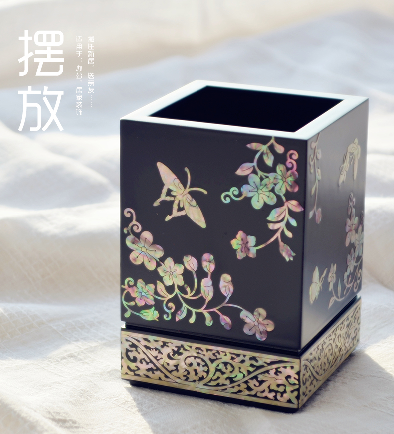 復(fù)古螺鈿漆器實木質(zhì)貝殼筆筒