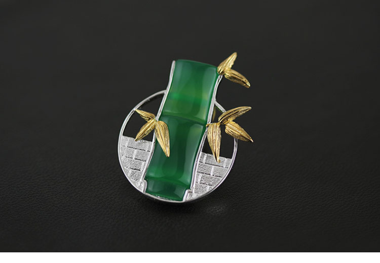 匠心啟航閱讀古典鑲玉髓竹子純銀胸針